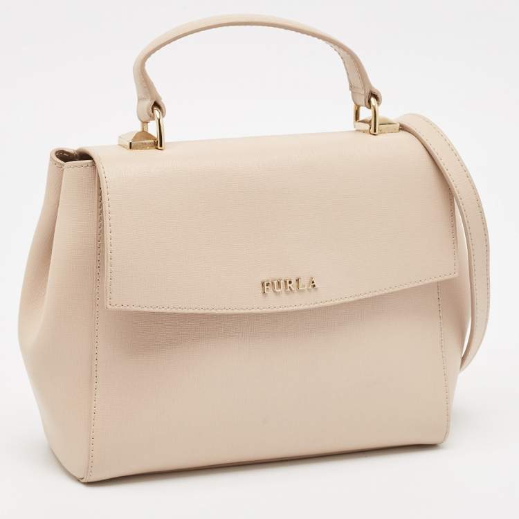 Pre Owned Furla Pale Pink Leather Flap Top Handle Bag