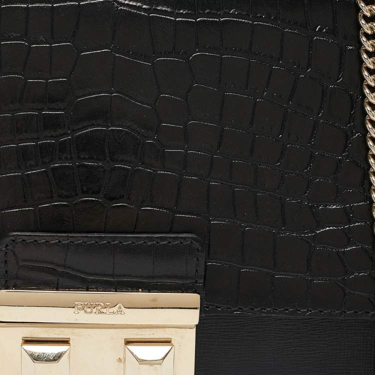 Pre Owned Furla Black Croc Embossed and Leather Mini Bella Top Handle Bag
