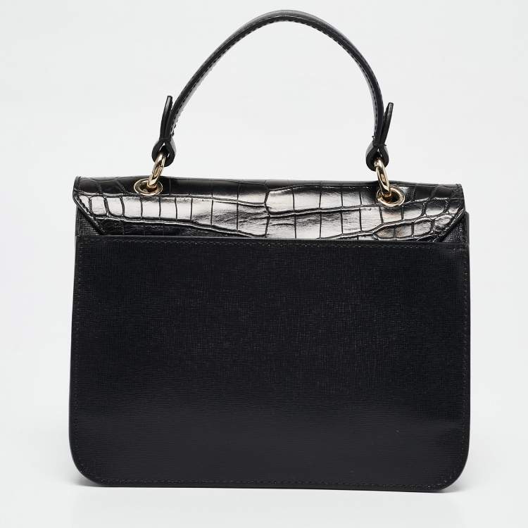Pre Owned Furla Black Croc Embossed and Leather Mini Bella Top Handle Bag