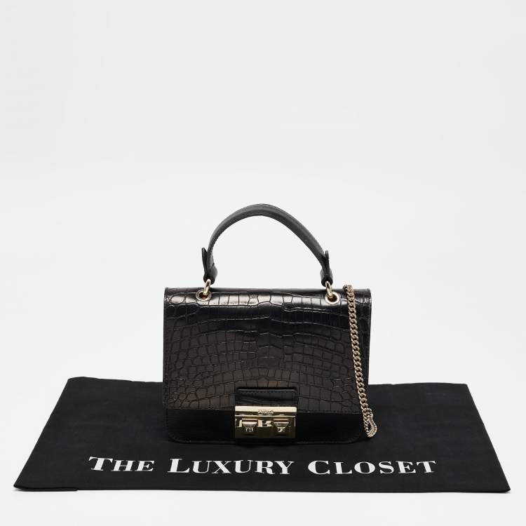 Pre Owned Furla Black Croc Embossed and Leather Mini Bella Top Handle Bag