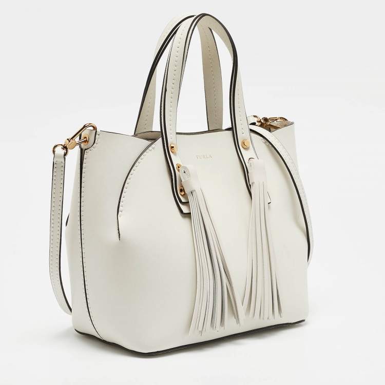 Pre Owned Furla White Leather Tassel Detailed Tote