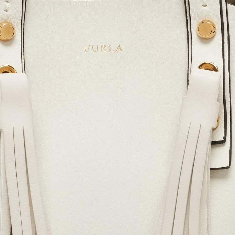 Pre Owned Furla White Leather Tassel Detailed Tote