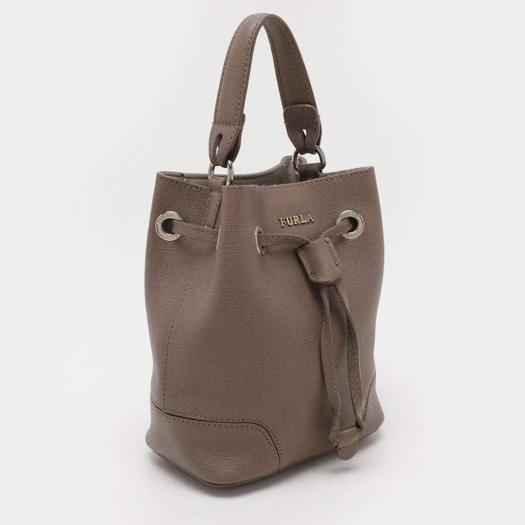 Pre Owned Furla Grey Leather Mini Stacy Drawstring Bucket Bag