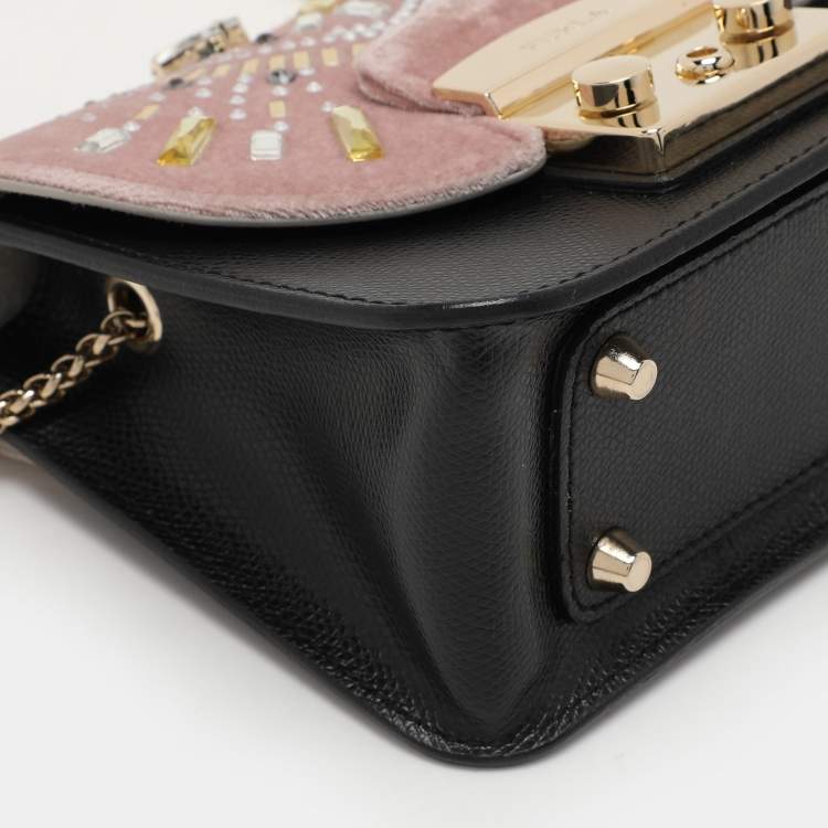 Pre Owned Furla Beige/Black Leather and Velvet Mini Metropolis Embellished Crossbody Bag