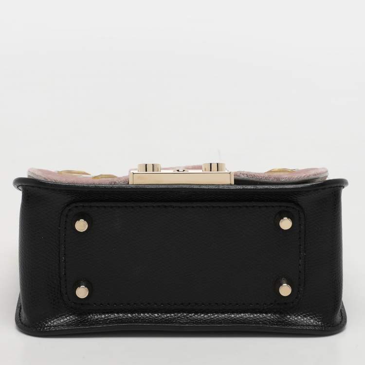 Pre Owned Furla Beige/Black Leather and Velvet Mini Metropolis Embellished Crossbody Bag