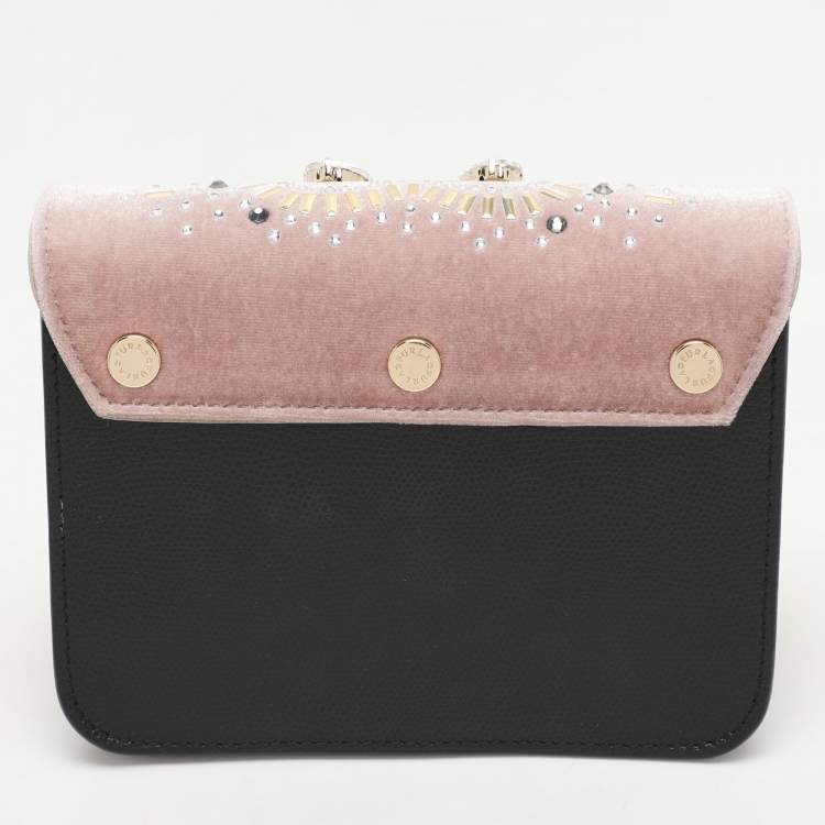 Pre Owned Furla Beige/Black Leather and Velvet Mini Metropolis Embellished Crossbody Bag