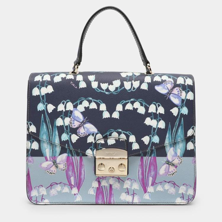 Pre Owned Furla Multicolor Flower and Butterfly Print Coated Canvas Metropolis Top Handle Bag