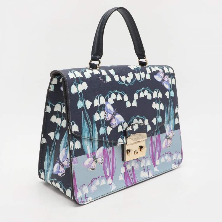 Pre Owned Furla Multicolor Flower and Butterfly Print Coated Canvas Metropolis Top Handle Bag
