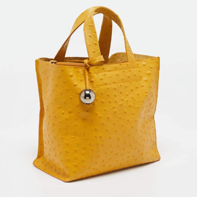 Pre Owned Furla Mustard Ostrich Embossed Leather Divide It Tote