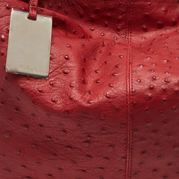 Pre Owned Furla Red Ostrich Embossed Leather Elizabeth Hobo