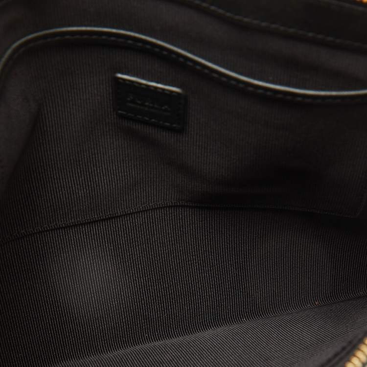 Pre Owned Furla Black Leather Floral Handle Flat Zip Pouch Clutch