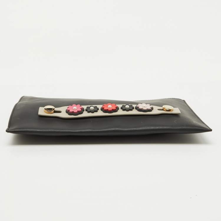 Pre Owned Furla Black Leather Floral Handle Flat Zip Pouch Clutch