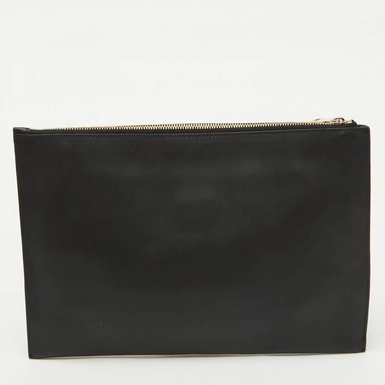 Pre Owned Furla Black Leather Floral Handle Flat Zip Pouch Clutch