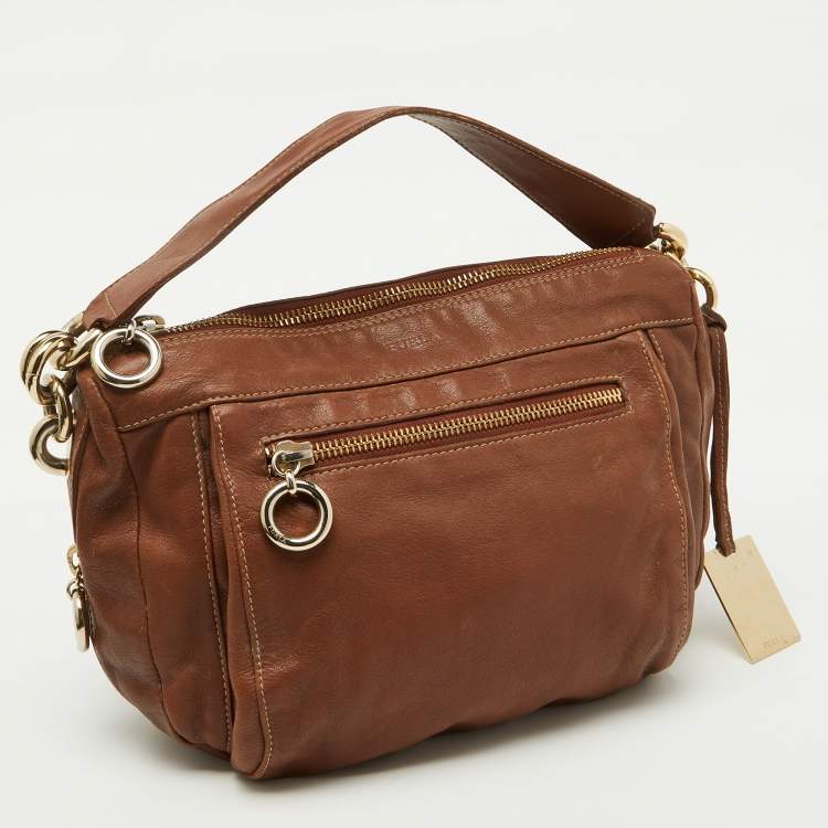 Pre Owned Furla Brown Leather Pebbled Hobo