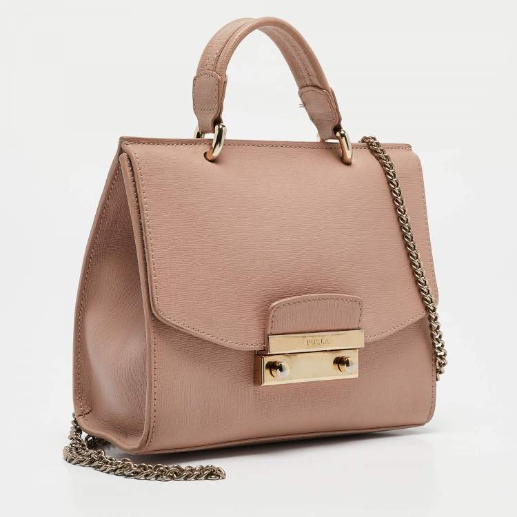 Pre Owned Furla Pale Pink Saffiano Leather Metropolis Flap Top Handle Bag