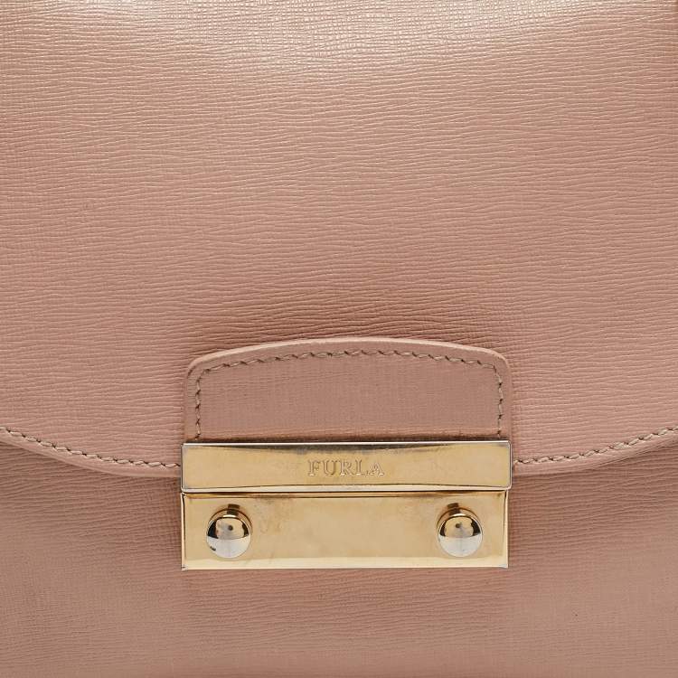 Pre Owned Furla Pale Pink Saffiano Leather Metropolis Flap Top Handle Bag