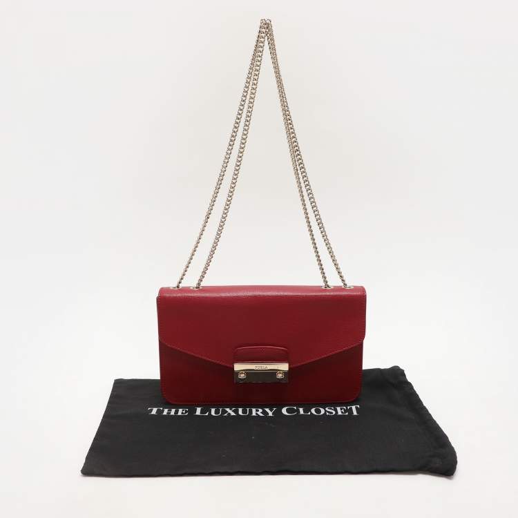 Pre Owned Furla Red Leather Metropolis Chain Shoulder Bag