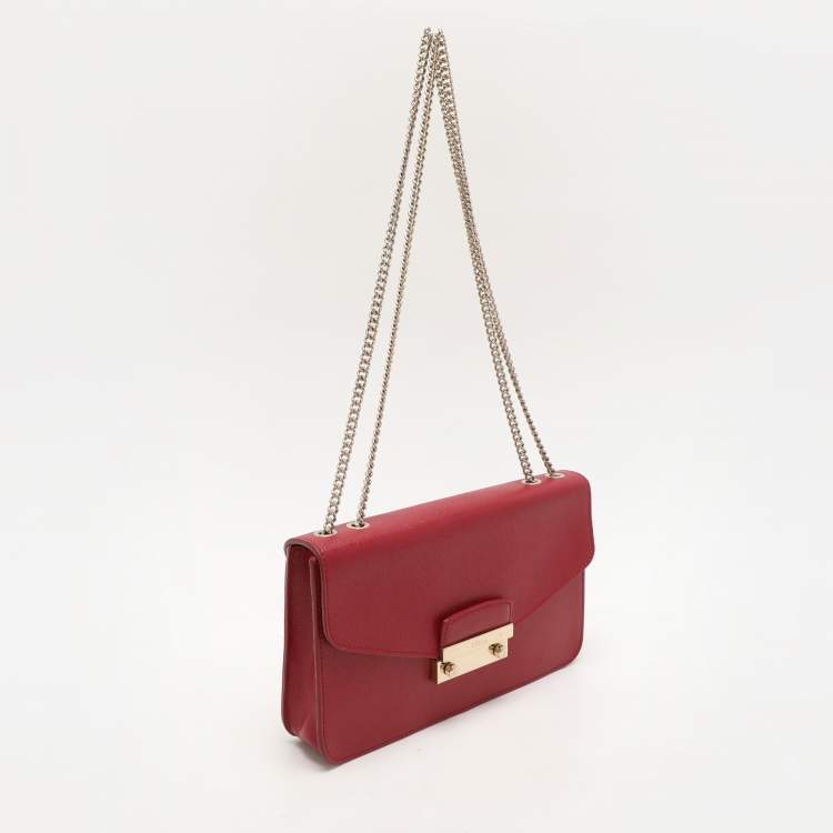 Pre Owned Furla Red Leather Metropolis Chain Shoulder Bag