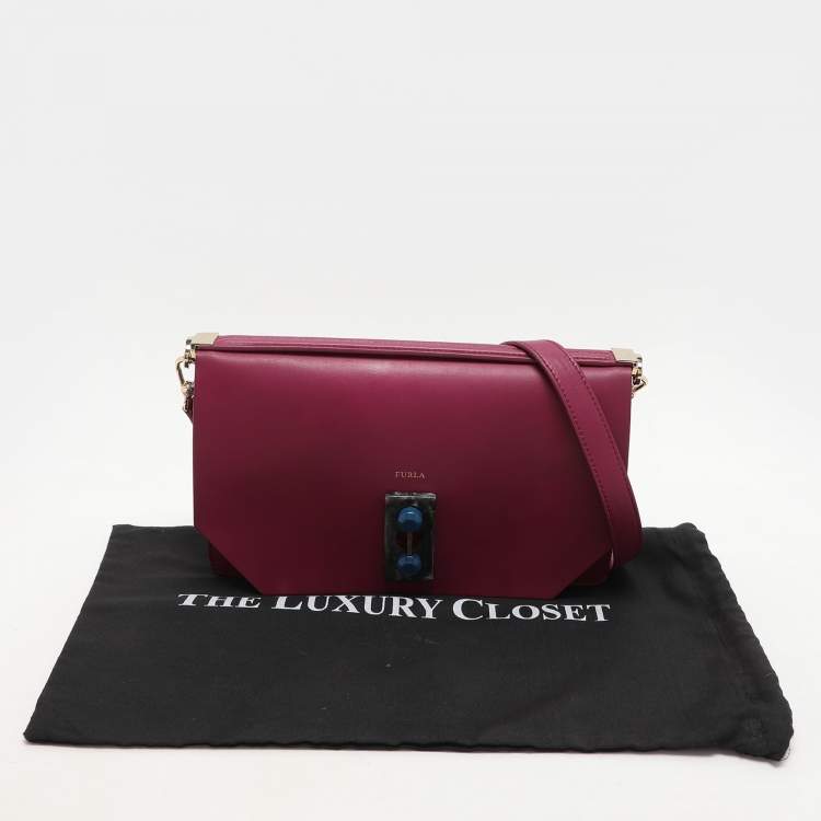 Pre Owned Furla Magenta Leather Embellished Flap Shoulder Bag