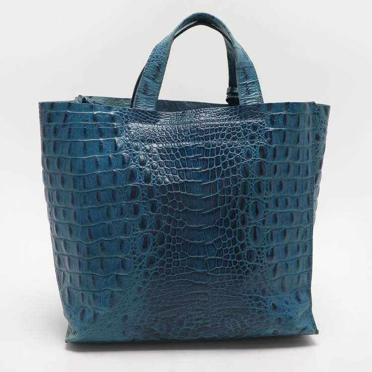 Pre Owned Furla Blue Croc Embossed Leather Divide It Tote