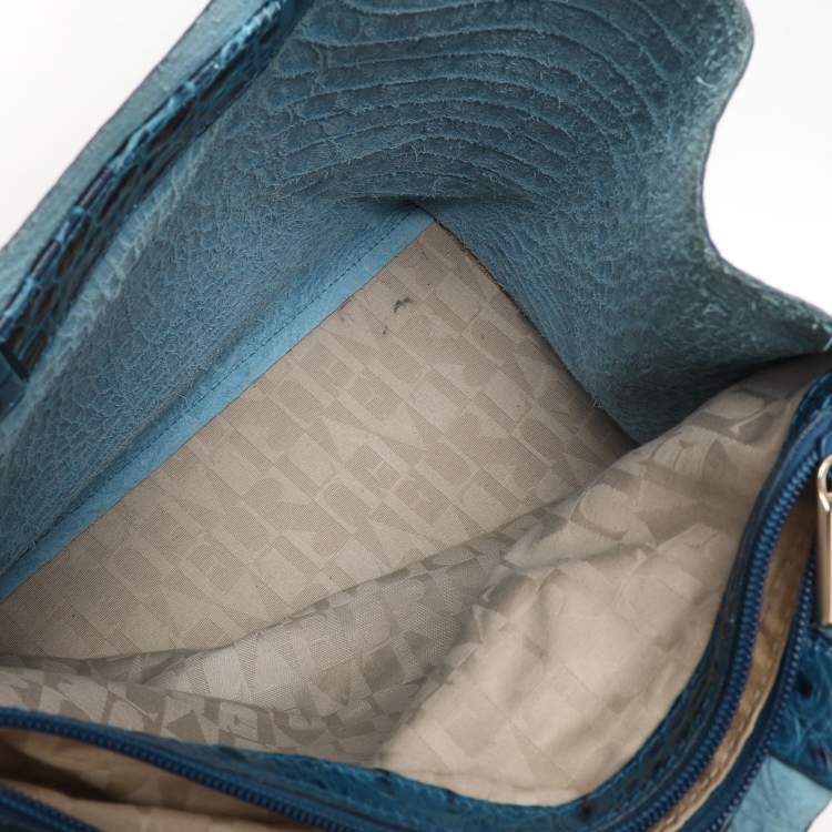Pre Owned Furla Blue Croc Embossed Leather Divide It Tote