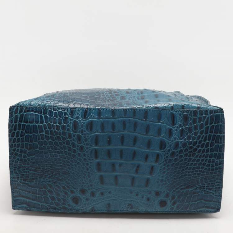 Pre Owned Furla Blue Croc Embossed Leather Divide It Tote
