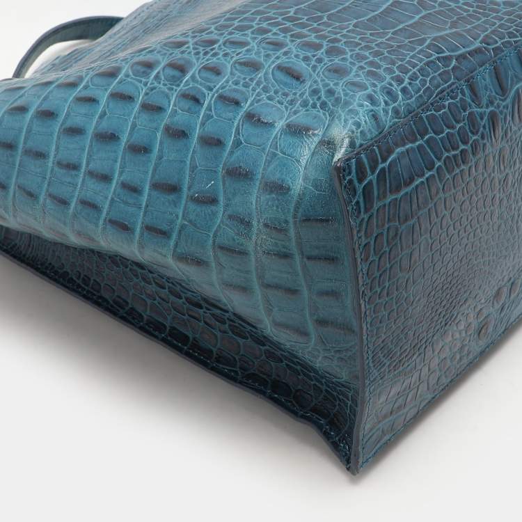 Pre Owned Furla Blue Croc Embossed Leather Divide It Tote