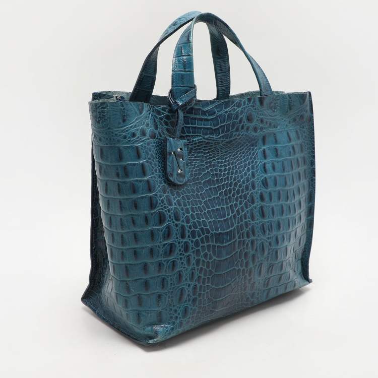 Pre Owned Furla Blue Croc Embossed Leather Divide It Tote