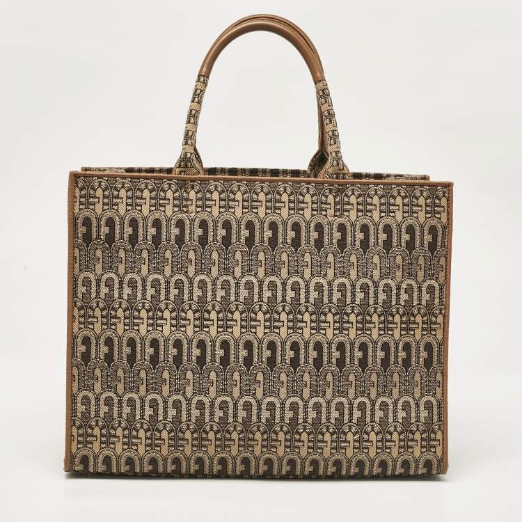 Pre Owned Furla Brown Jacquard Canvas Large Opportunity Tote