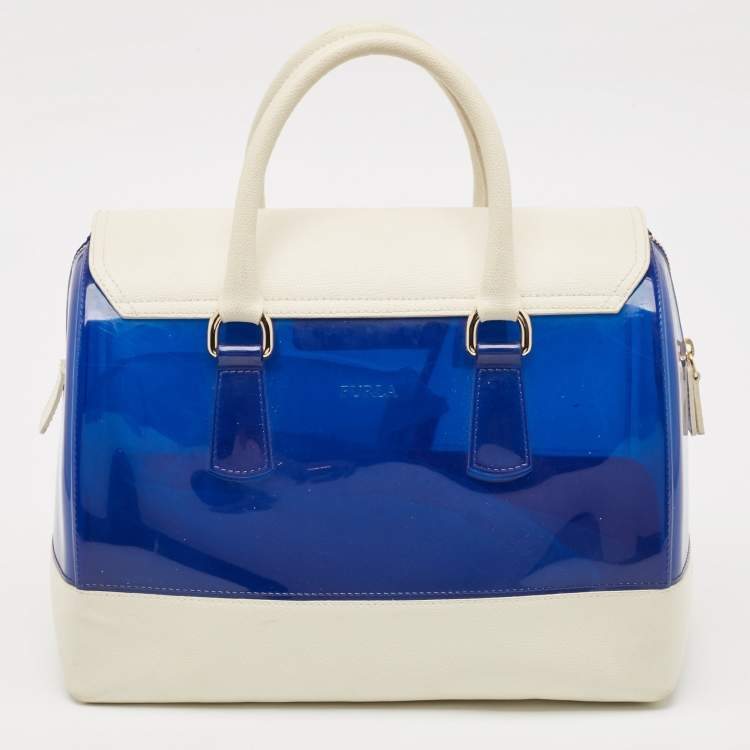 Pre Owned Furla Blue/White Rubber and Leather Candy Flap Satchel