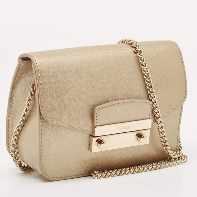 Pre Owned Furla Pale Gold Leather Mini Metropolis Crossbody Bag