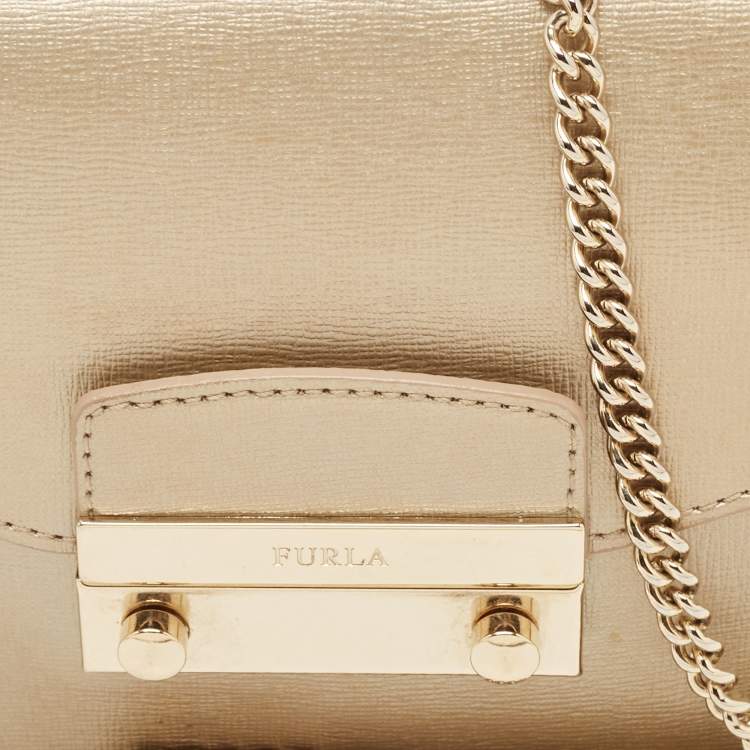 Pre Owned Furla Pale Gold Leather Mini Metropolis Crossbody Bag