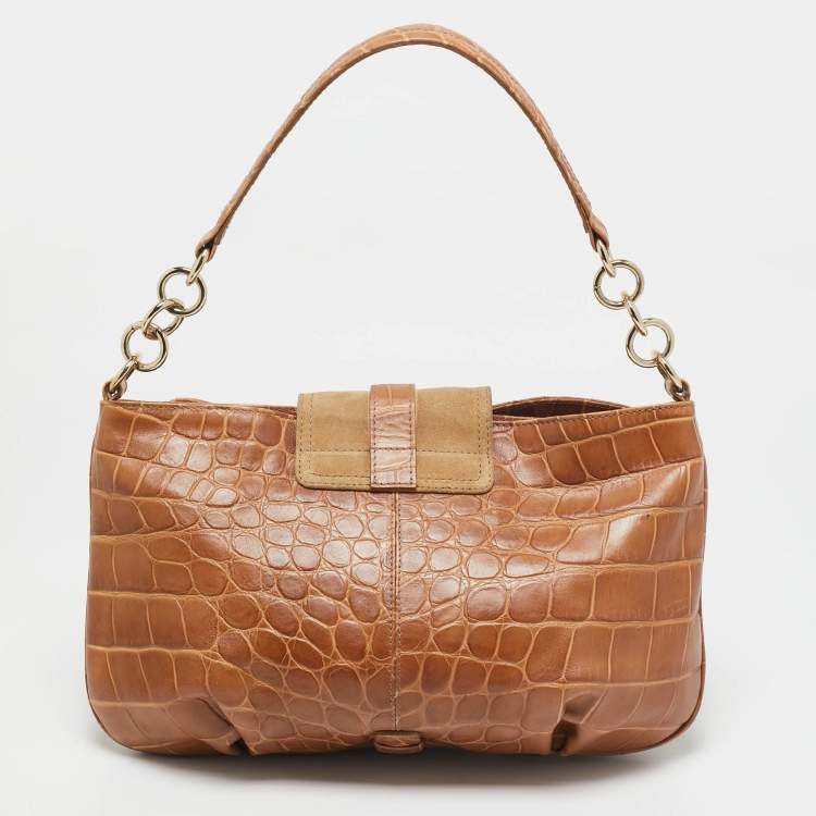 Pre Owned Furla Brown/Tan Croc Embossed Leather and Suede Flap Hobo