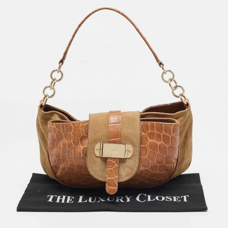 Pre Owned Furla Brown/Tan Croc Embossed Leather and Suede Flap Hobo