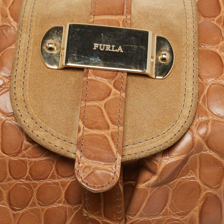 Pre Owned Furla Brown/Tan Croc Embossed Leather and Suede Flap Hobo