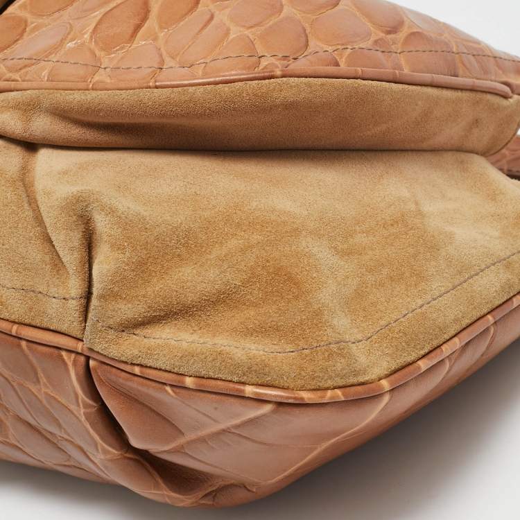 Pre Owned Furla Brown/Tan Croc Embossed Leather and Suede Flap Hobo