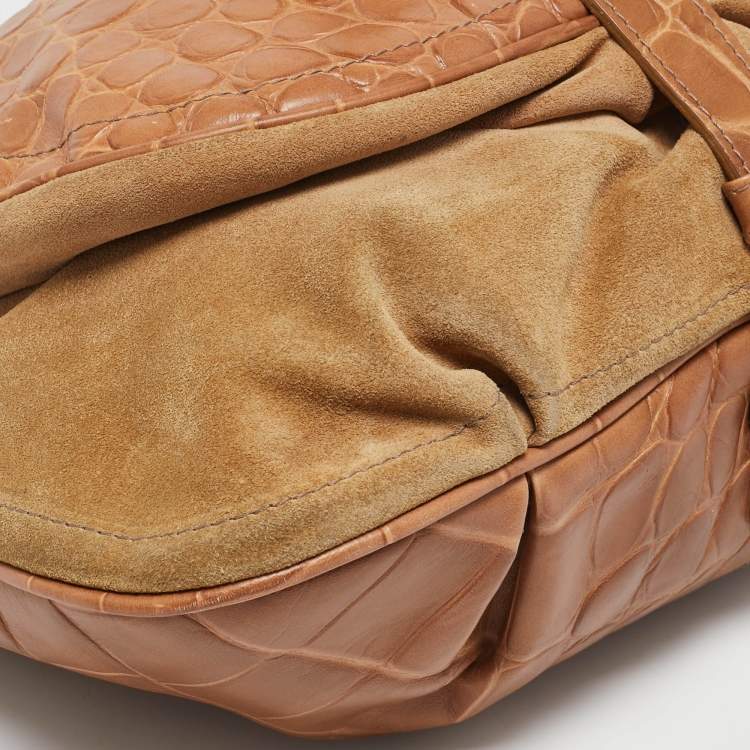 Pre Owned Furla Brown/Tan Croc Embossed Leather and Suede Flap Hobo