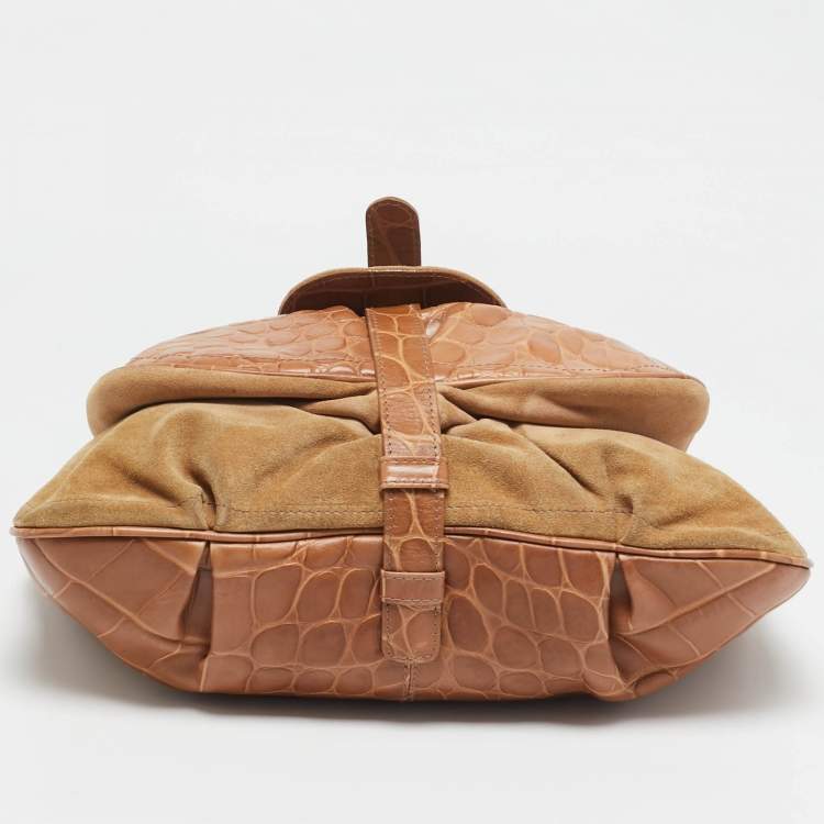 Pre Owned Furla Brown/Tan Croc Embossed Leather and Suede Flap Hobo