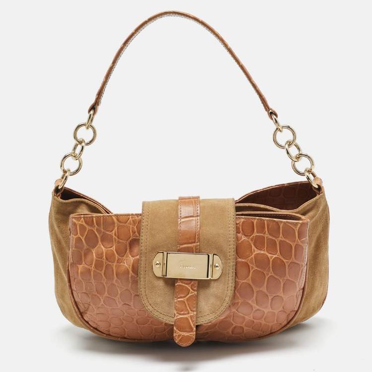Pre Owned Furla Brown/Tan Croc Embossed Leather and Suede Flap Hobo