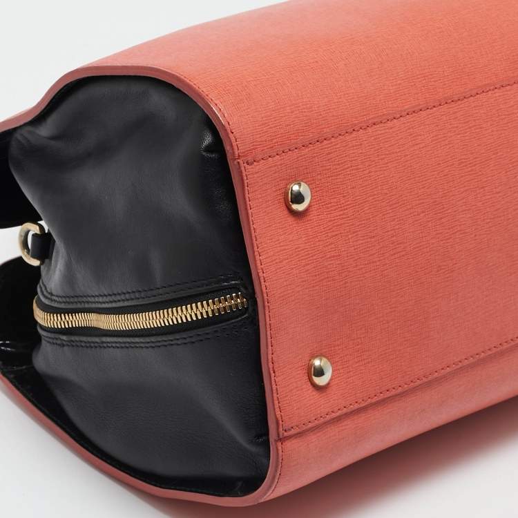 Pre Owned Furla Orange/Black Leather Zip Satchel