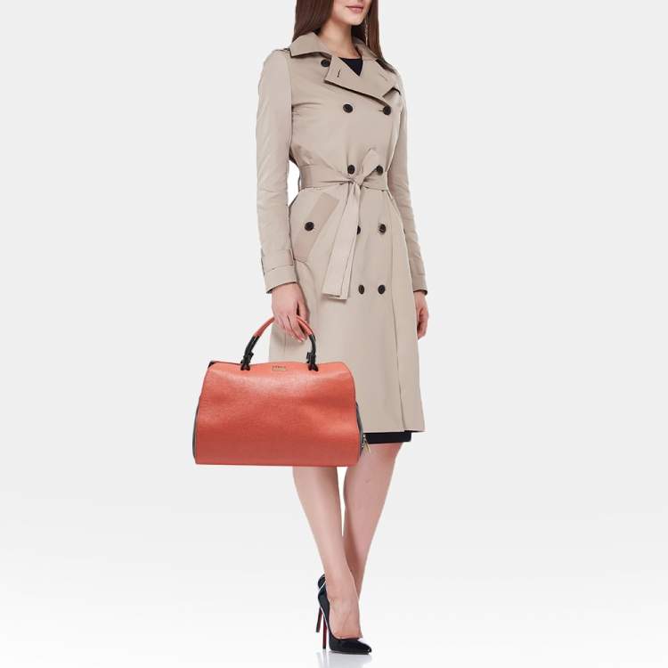 Pre Owned Furla Orange/Black Leather Zip Satchel