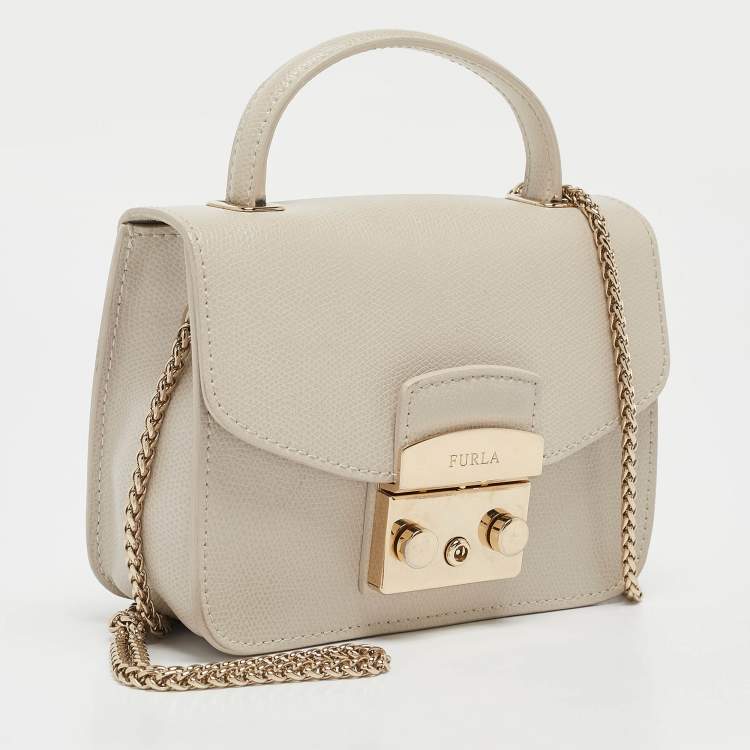Pre Owned Furla Light Beige Leather Mini Metropolis Top Handle Bag