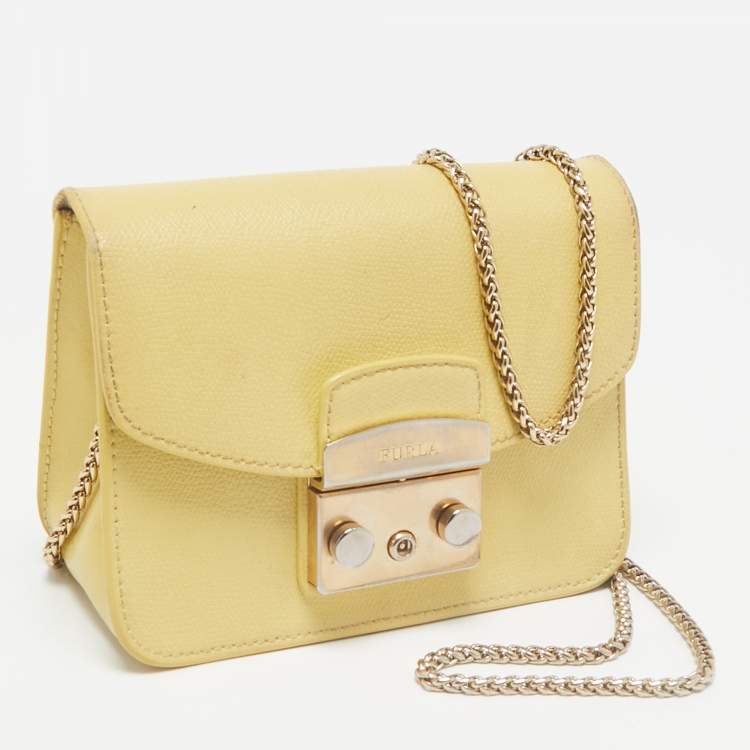 Pre Owned Furla Yellow Leather Mini Metropolis Chain Crossbody Bag