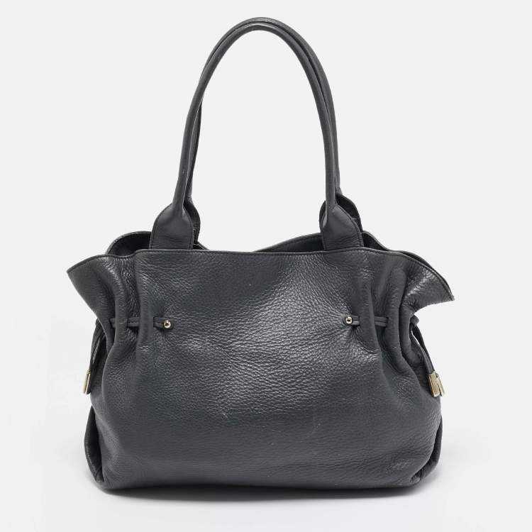 Pre Owned Furla Dark Grey Leather Side Drawstring Tote