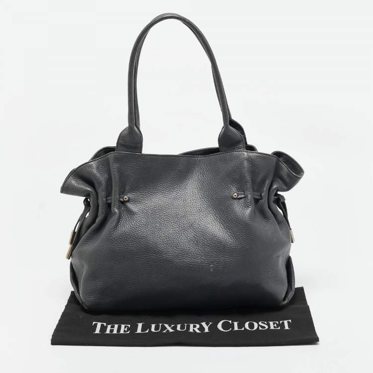 Pre Owned Furla Dark Grey Leather Side Drawstring Tote