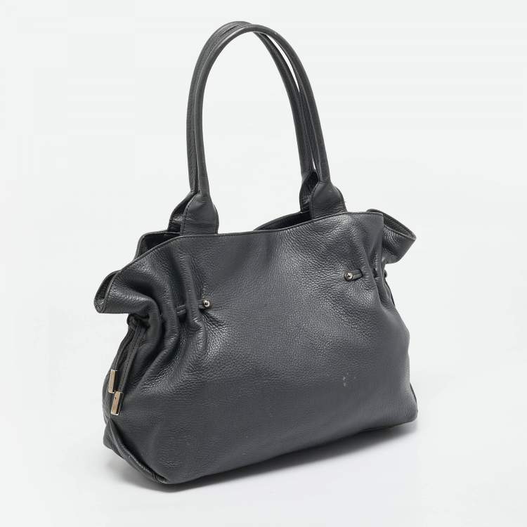 Pre Owned Furla Dark Grey Leather Side Drawstring Tote
