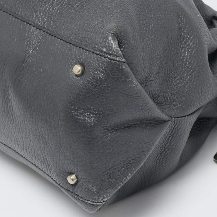 Pre Owned Furla Dark Grey Leather Side Drawstring Tote