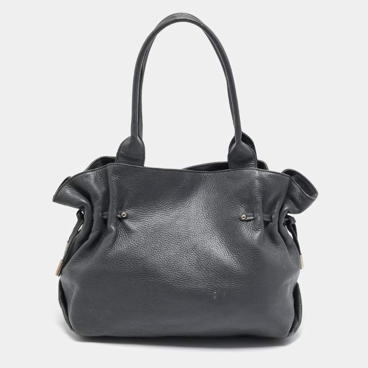 Pre Owned Furla Dark Grey Leather Side Drawstring Tote