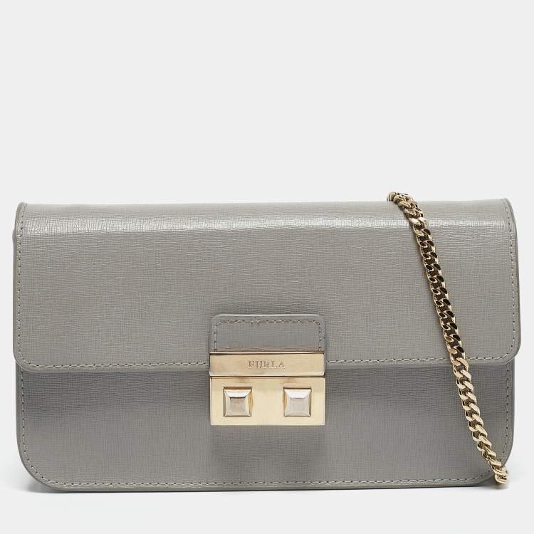 Pre Owned Furla Grey Saffiano Leather Mini Metropolis Crossbody Bag