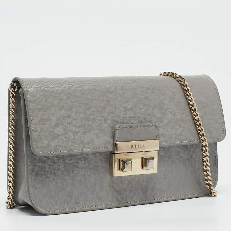 Pre Owned Furla Grey Saffiano Leather Mini Metropolis Crossbody Bag